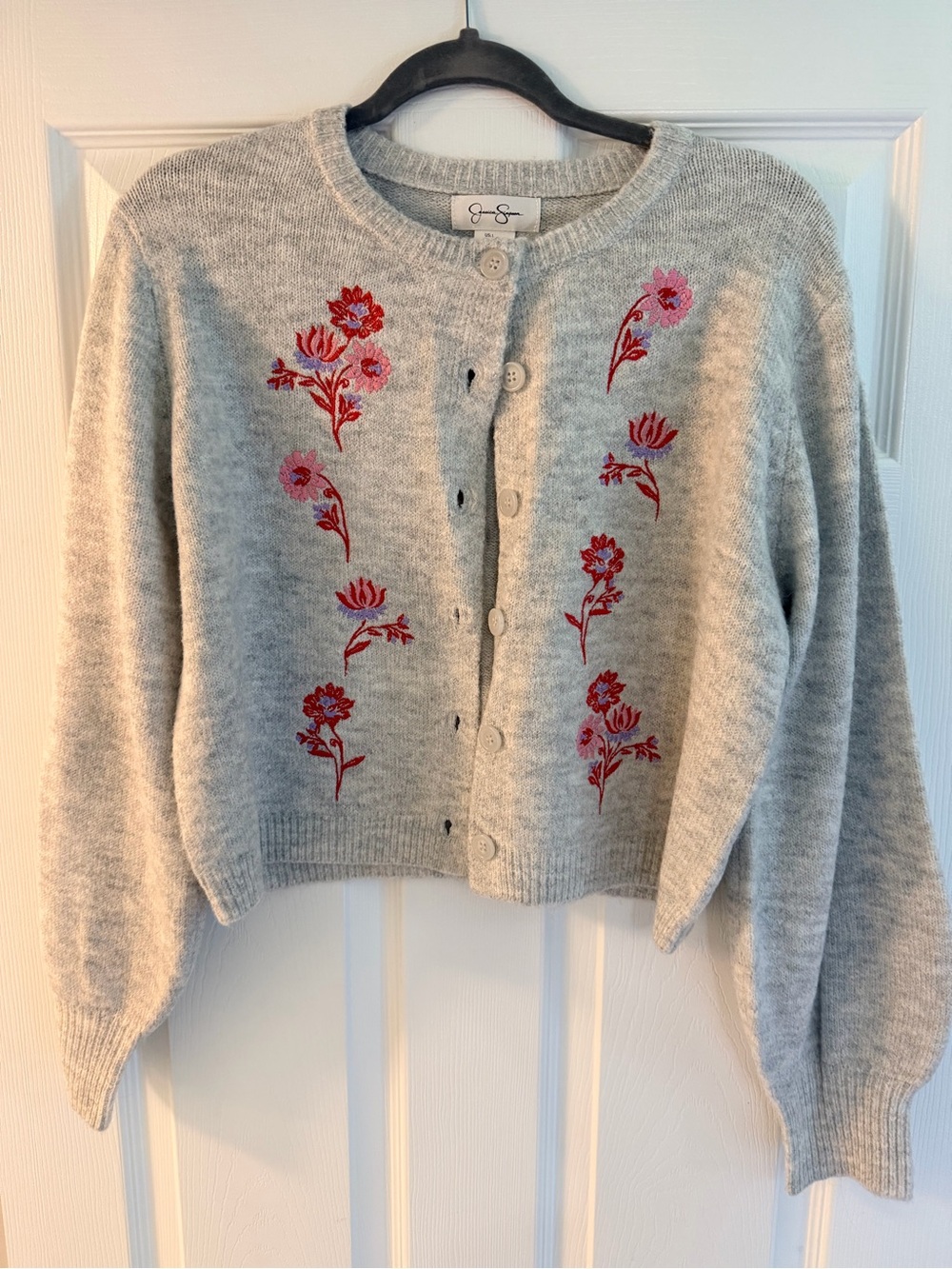 Jessica Simpson Gray Floral Embroidered Cardigan Sweater